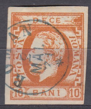 ROMANIA 1871 LP 31 REGELE CAROL I CU BARBA 10 BANI PORTOCALIU NEDANTELAT STAMPILAT ROMAN