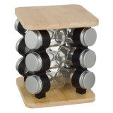 Suport rotativ pentru condimente din lemn cu 12 recipiente din sticla, Oem