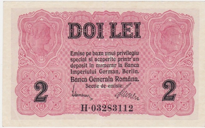 ROMANIA 2 LEI BGR 1917 aXF