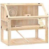 PawHut Cușcă pentru hamster/rozătoare cu 3 niveluri, fund detașabil 31 cm ad&acirc;ncime, căsuță, leagăn, 80x50x76cm, finisaj lemn natural | Aosom Romania