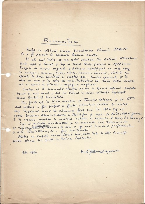 A3249N Document scris și semnat olograf de Marcel Breslașu referitor la Eduard Jurist, 1964