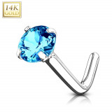 Piercing curbat, pentru nas, aur alb, 14K - zircon, tăiat, albastru deschis, montură, 0,8 mm