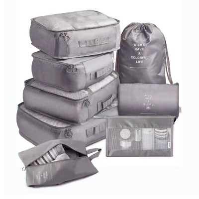 Set 8 huse organizare bagaj Flippy, material poliester, impermeabil, cu fermoar, pentru calatorii sau dulap, sac pentru pantofi inclus, pliabil, gri foto