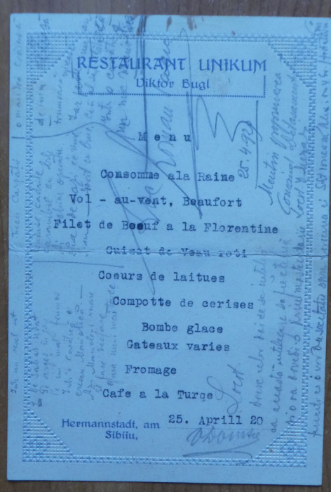 Meniu restaurant Unikum , Hermannstadt , Sibiu ,1920 , autografe militari Franta