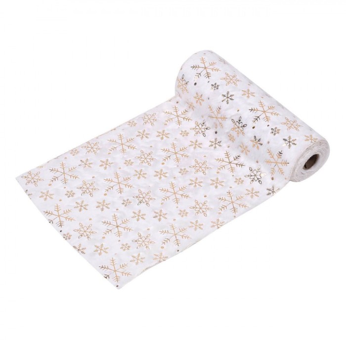 Tesatură Decorativă Crăciun, Blană Artificială, Fulguri Aurii, Alb, 2.5m x 24cm