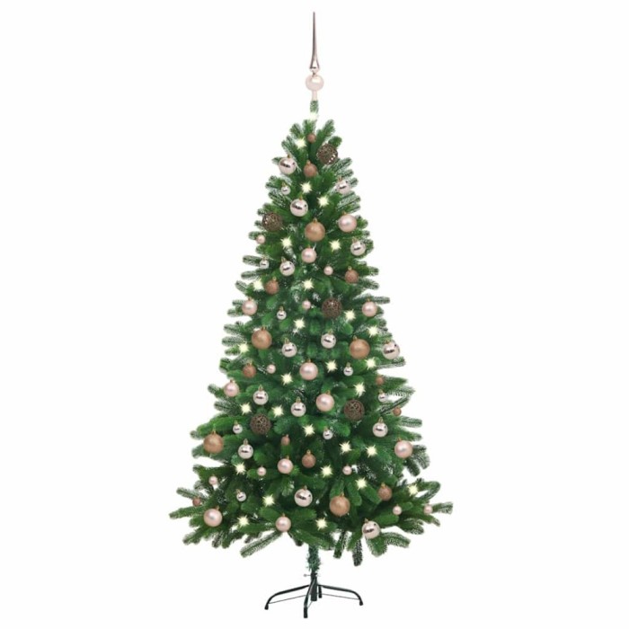 Brad Crăciun pre-iluminat artificial set globuri, verde, 180 cm