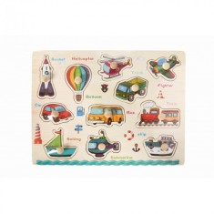 Puzzle incastru cu butoni din lemn Vehicule -11 piese