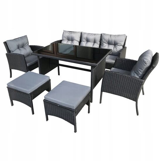 Set mobilier gradina/terasa, negru si gri, ratan sintetic, 1 masa, 2 scaune, 1 canapea, 2 tabureti, Salo GartenVIP DiyLine
