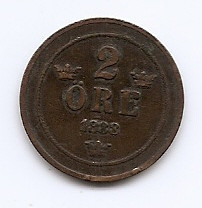 Suedia 2 Ore 1888 - Oscar II (litere mari) Bronz, 21 mm KM-746 foto