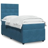 VidaXL Pat box spring cu saltea, albastru &icirc;nchis, 100x200 cm, catifea