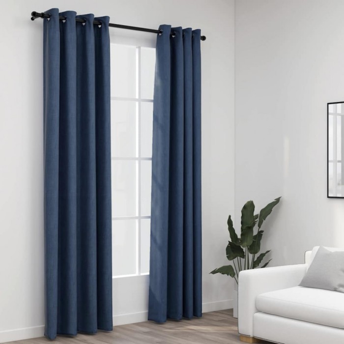 Perdele opace aspect p&acirc;nză cu ocheți 2 buc albastru 140x245 cm