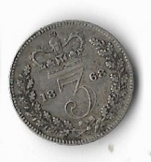 Moneda 3 pence 1868 - Marea Britanie, 1,4138 g argint 0,925 foto