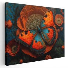 Tablou fluture pe floare portocaliu 1655 Tablou canvas pe panza CU RAMA 20x30 cm