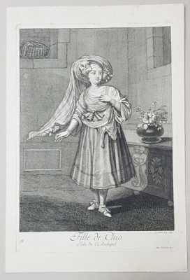 FILLE DE CHIO , ISLE DE L &amp;#039;ARCHIPEL , TANARA DIN CHIOS , GRAVURA , 1714 foto