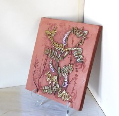 Tablou mare ceramică basorelief, smălțuită parțial, hand made &ndash; Flori lavandă - semnat Aimo Nietosvuori, JIE Gantofta Suedia