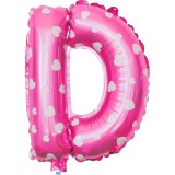 Balon folie metalizata litera d, flippy, 40 cm, cu imprimeu inimioare, umflati cu heliu sau aer, ambalaj individual, pai inclus, roz