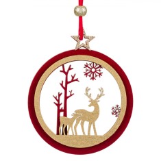 Ornament Brad, N/A, Glob Catifelat, Lemn Bej și Roșu, 11 cm, Cerb cu Glitter