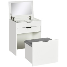 HOMCOM Masa de toaleta pentru dormitor cu oglinda si scaun asortat, masa de machiaj cu compartiment ascuns si sertar din lemn, alb | Aosom Romania