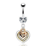 Piercing pentru buric - inimi &icirc;n culoarea cuprului, aur și culoare argintie, zirconii transparente