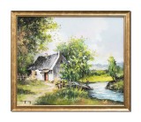 Cumpara ieftin Tablou peisaj din natura cu casa taraneasca pictat manual inramat, 65x55cm ulei pe panza, rama din lemn, Geo Ungureanu