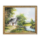 Tablou peisaj din natura cu casa taraneasca pictat manual inramat, 65x55cm ulei pe panza, rama din lemn, Geo Ungureanu
