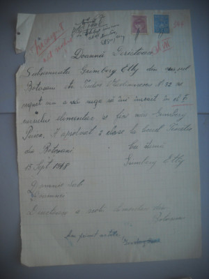 HOPCT DOCUMENT VECHI NR 439 GRIMBERG ETTY -EVREU -SCOALA NR 3 FETE BOTOSANI 1948 foto