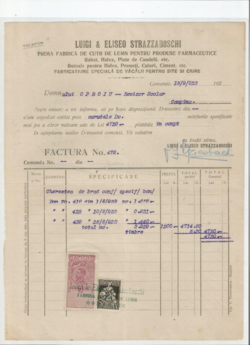 Romania, Luigi si Eliseo Strazzaboschi, Factura, Comarnic, 1923