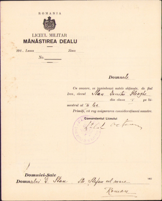 HST A474 Carnet școlar Liceul Militar M&acirc;năstirea Dealu 1916