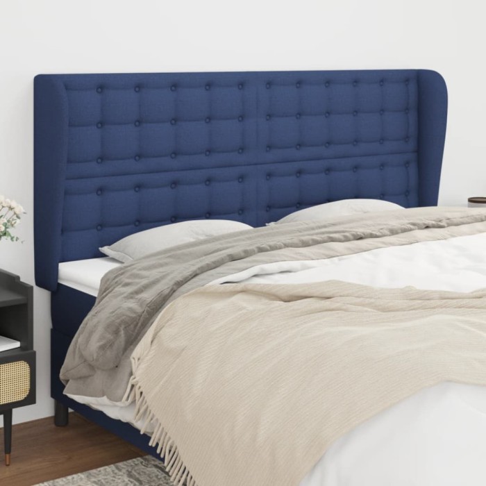 vidaXL Tăblie de pat cu aripioare, albastru, 163x23x118/128 cm, textil 3118402