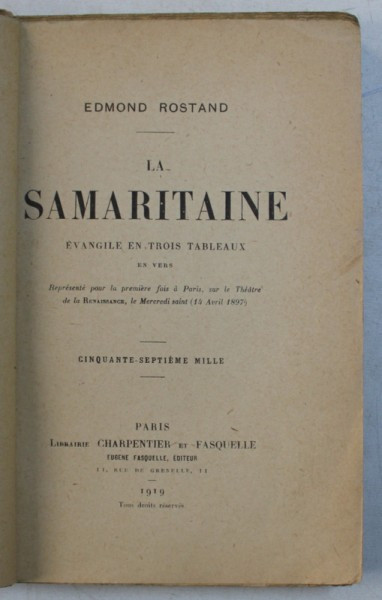 LA SAMARITAINE - EVANGILE EN TROIS TABLEAUX EN VERS par EDMOND ROSTAND , 1919