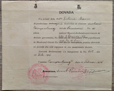 Dovada de primire, Primaria Campulung Muscel 1916 foto