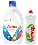 Detergent lichid Universal pentru rufe Active, 6 litri, 120 spalari + Detergent de vase lichid Active, 1 litru, mar