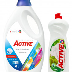 Detergent lichid Universal pentru rufe Active, 6 litri, 120 spalari + Detergent de vase lichid Active, 1 litru, mar