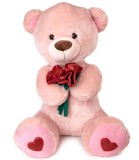 Ursuleț de Pluș Amek Toys cu Trandafiri, 80cm, Ecru/bej, Poliester - Cadou Copii Peste 12 Luni