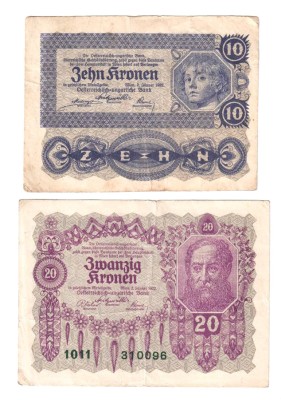 AUSTRIA SET 10 ZEHN 20 ZWANZIG COROANE KRONEN 1922 foto