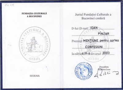 AMS @ - DIPLOMĂ FUNDAȚIA CULTURALĂ A BUCOVINEI PREMIUL MENȚIUNE, SCRIITORULUI IOAN P&amp;Icirc;NZAR, 2003 foto