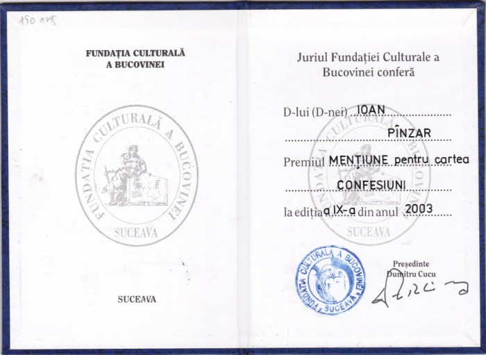 AMS @ - DIPLOMĂ FUNDAȚIA CULTURALĂ A BUCOVINEI PREMIUL MENȚIUNE, SCRIITORULUI IOAN P&Icirc;NZAR, 2003