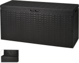 Cumpara ieftin Cutie de depozitare exterior aspect ratan, capac cu inchidere, 320L, negru