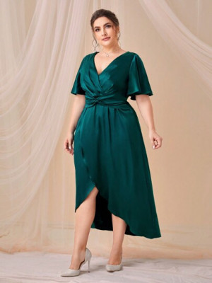 Rochie midi, asimetrica, cu slit si decolteu, verde, dama, Shein foto