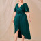 Rochie midi, asimetrica, cu slit si decolteu, verde, dama, Shein