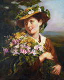 Femeie cu flori - ulei pe panza REST30, Portrete, Art Nouveau