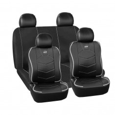 Huse scaune auto Nissan Pathfinder - Momo, piele ecologica+material textil, negru cu ornamente gri, 11 Bucati foto