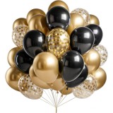 Set 16 baloane din latex, flippy, model party, 30 cm, auriu, negru, confetti, 2.8 g