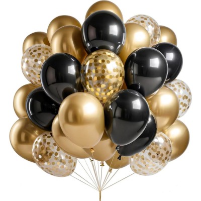 Set 16 baloane din latex, flippy, model party, 30 cm, auriu, negru, confetti, 2.8 g foto