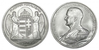 q365 UNGARIA 5 PENGO 1939 amiral Miklos Horthy argint NECIRCULATA UNC foto