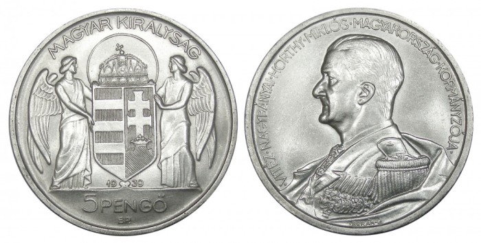 q365 UNGARIA 5 PENGO 1939 amiral Miklos Horthy argint NECIRCULATA UNC