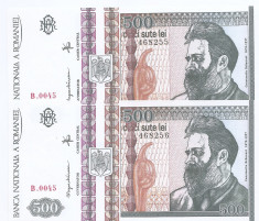 Romania 500 lei 1992 - Brancusi -Serii consecutive 468255/56 P-101 UNC !!! foto