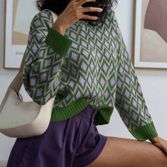 Pulover din tricot, cu model romburi si maneca lunga, verde, dama, Shein