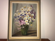 Tablou ,pictura veche in ulei pe panza,vaza cu flori foto