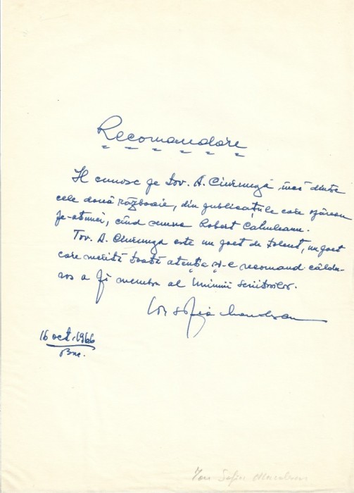 A3565N Ion Sofia Manolescu, act scris și semnat olograf, 1966